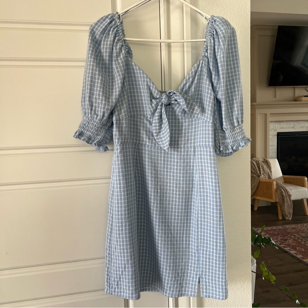 ALTAR'D STATE Baby Blue Gingham Plaid Dress Women's Size M Mini Slit Puff Sleeve